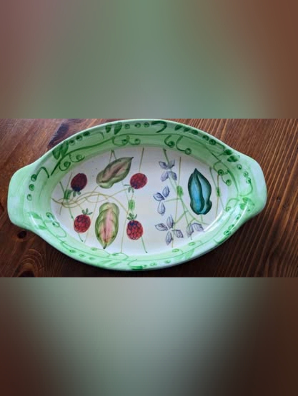 Vintage Hand Painted Ceramic Ramekin Casserole Dish. 9.25" x 5.5" x 1.5"